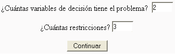 Introducir número de variables y restricciones que tiene el problema